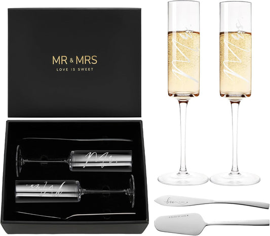 Mr. & Mrs. Champaigne Flutes & Cake Serve Set with Elegant Bridal Gift Box Set