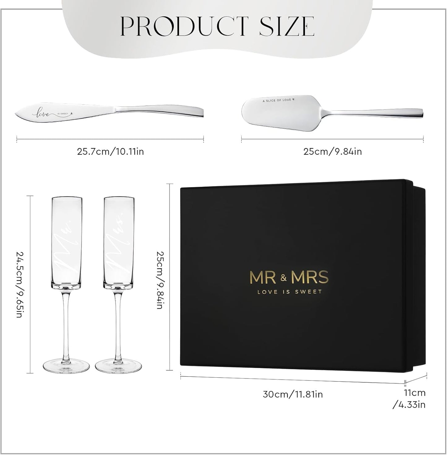 Mr. & Mrs. Champaigne Flutes & Cake Serve Set with Elegant Bridal Gift Box Set