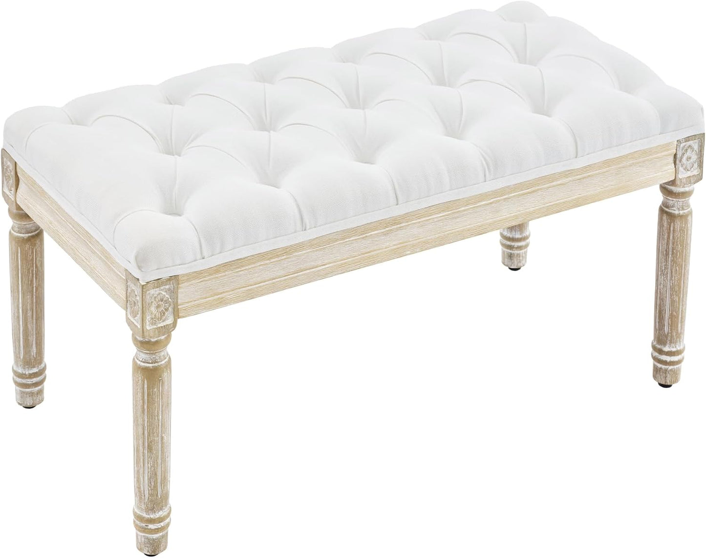 French Country Tufted Linen Bench with Brushed Wood Legs