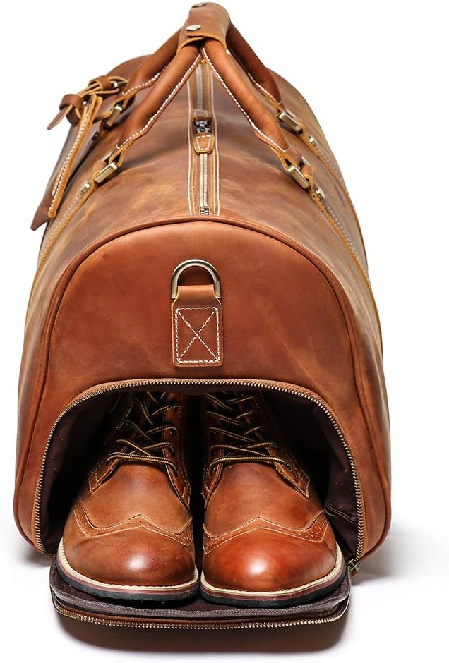 Vintage Full-Grain Lather Travel Duffel Bag-Men's Weekender Carry-On with Shoe Compartment