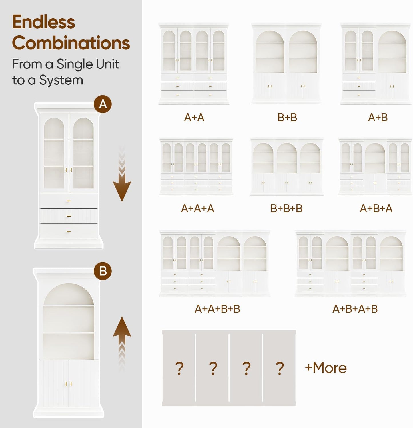 Modern Arched Bookcase & Storage Cabinet Set with Glass Doors