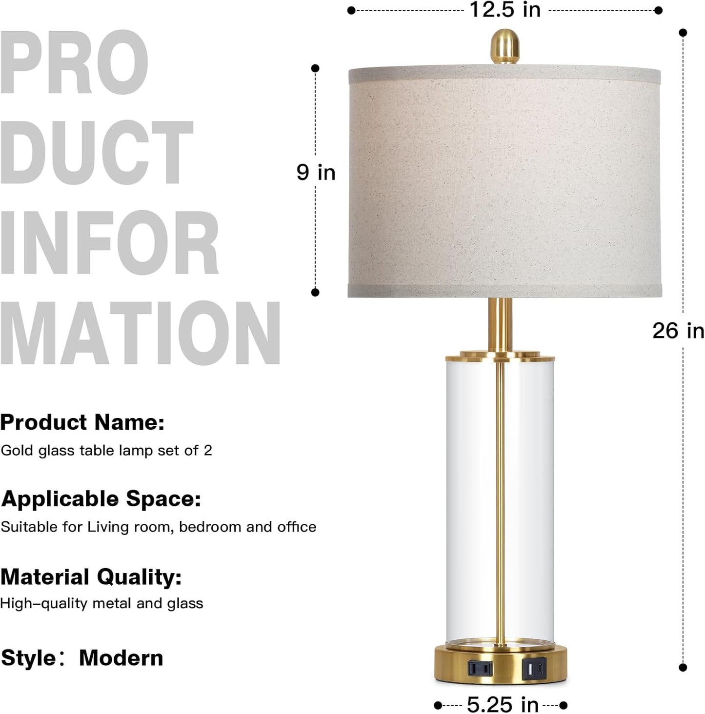 Modern Gold Glass Table Lamps Set of 2 USP Charging Ports