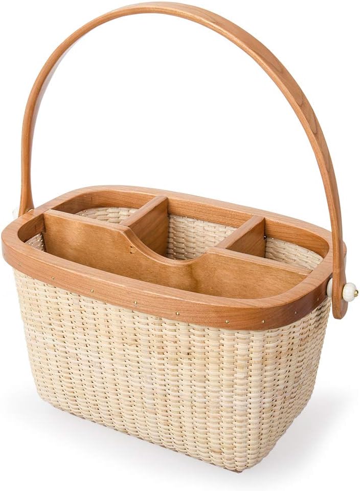 Handwoven Rattan Utensil Caddcy with handle | 4-Compartment Kitchen Organizer Basket for Flatware