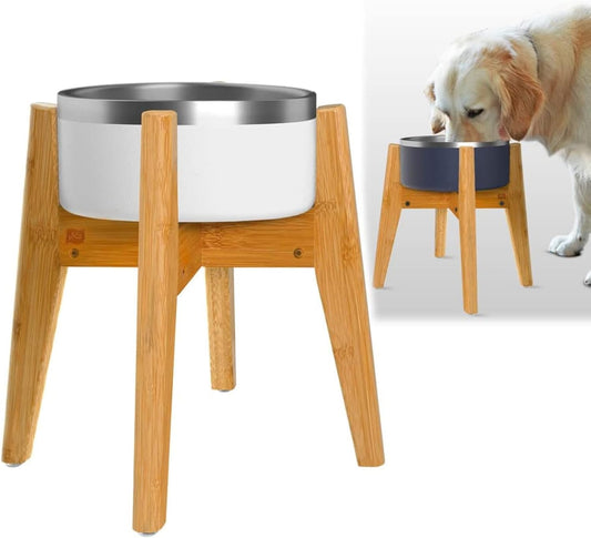 Elevated Bamboo Dog Bowl Stand for Large Breeds - Adjustable