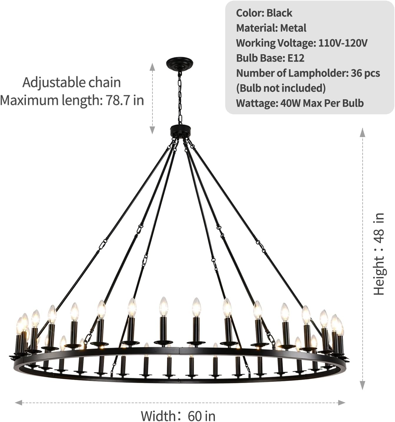 Modern Farmhouse Wagon Wheel Chandelier - 36 Light Extra Large Rustic Black