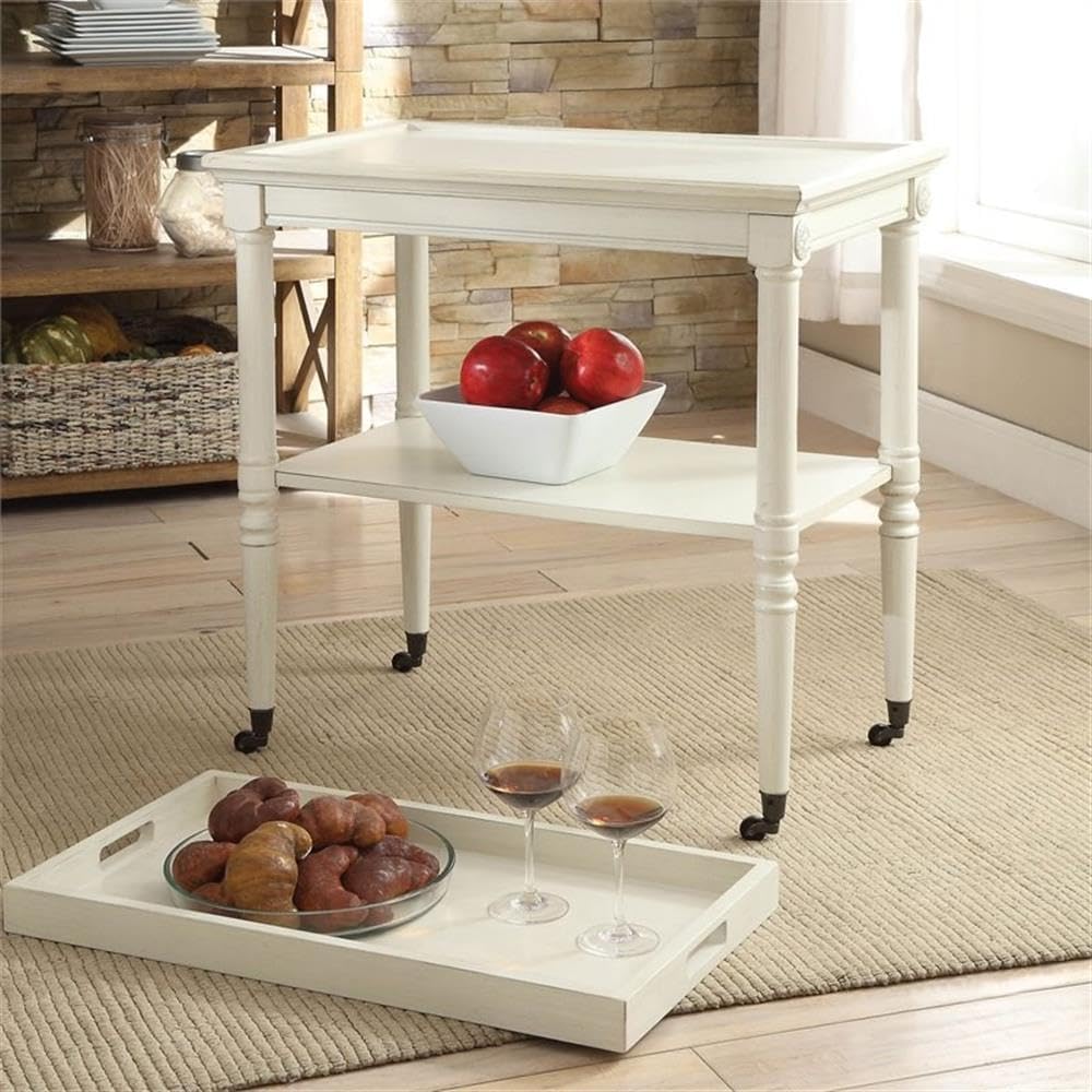 French Country Tray Table | Antique White Accent Table with Casters