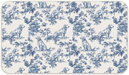 Blue & White Golden Retriever Chinoiserie Door Mat - Non-Slip Indoor/Outdoor Welcome Rug