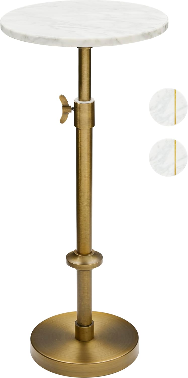 Adjustable Marble Accent Table with Antique Brass Pedestal Base