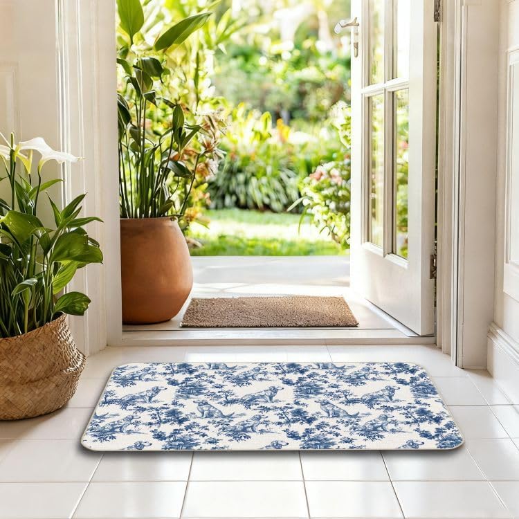 Blue & White Golden Retriever Chinoiserie Door Mat - Non-Slip Indoor/Outdoor Welcome Rug