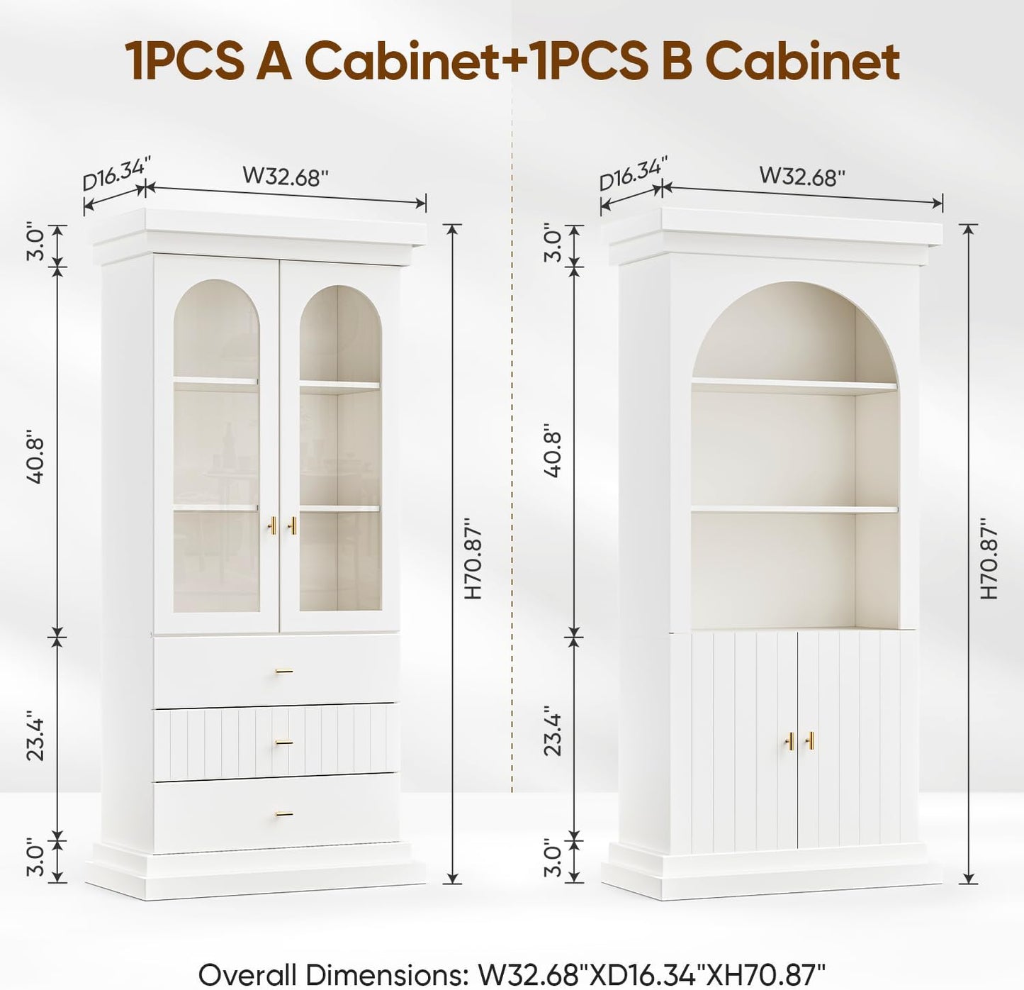 Modern Arched Bookcase & Storage Cabinet Set with Glass Doors