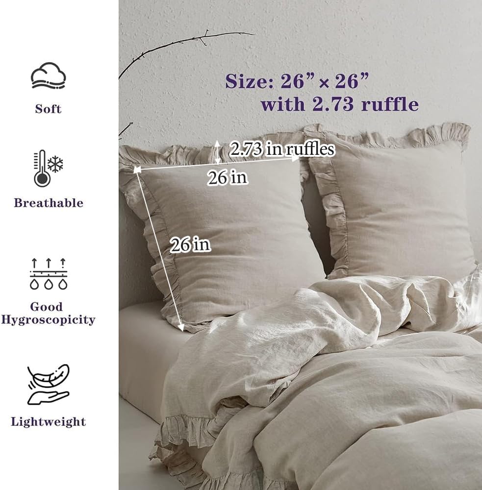 French Linen Ruffle Euro Sham Covers set of 2