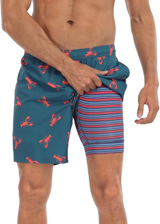 Men's Lobster Print Swim Trunks with Compression Liner | Come in many prints