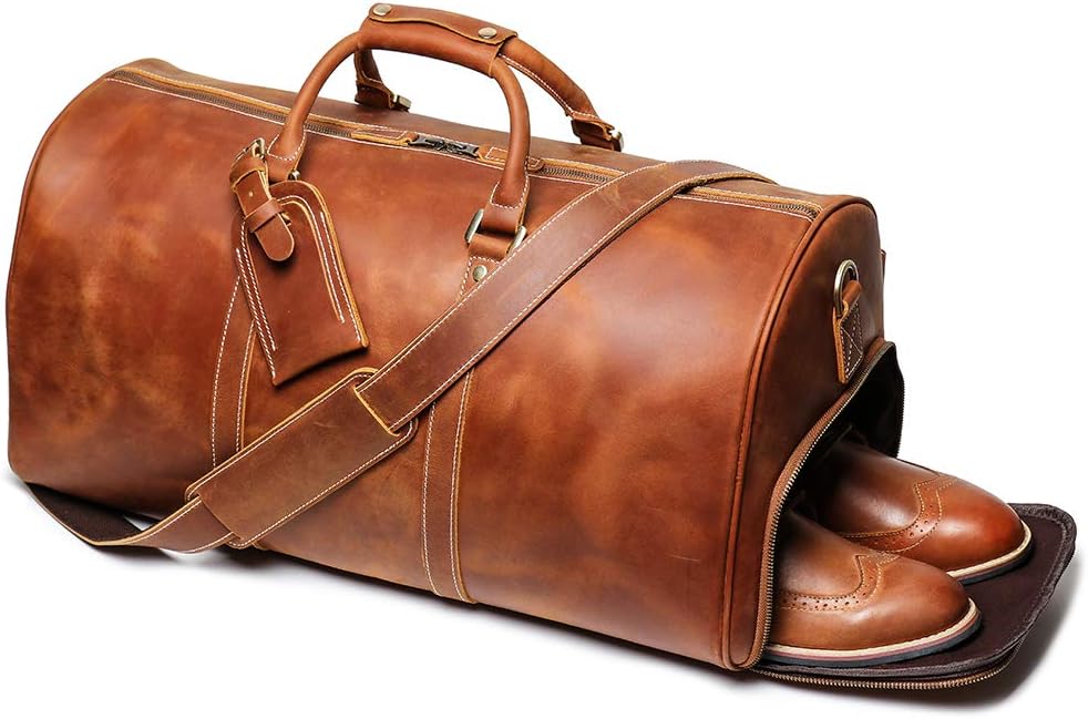 Vintage Full-Grain Lather Travel Duffel Bag-Men's Weekender Carry-On with Shoe Compartment