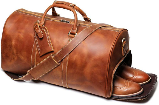 Vintage Full-Grain Lather Travel Duffel Bag-Men's Weekender Carry-On with Shoe Compartment