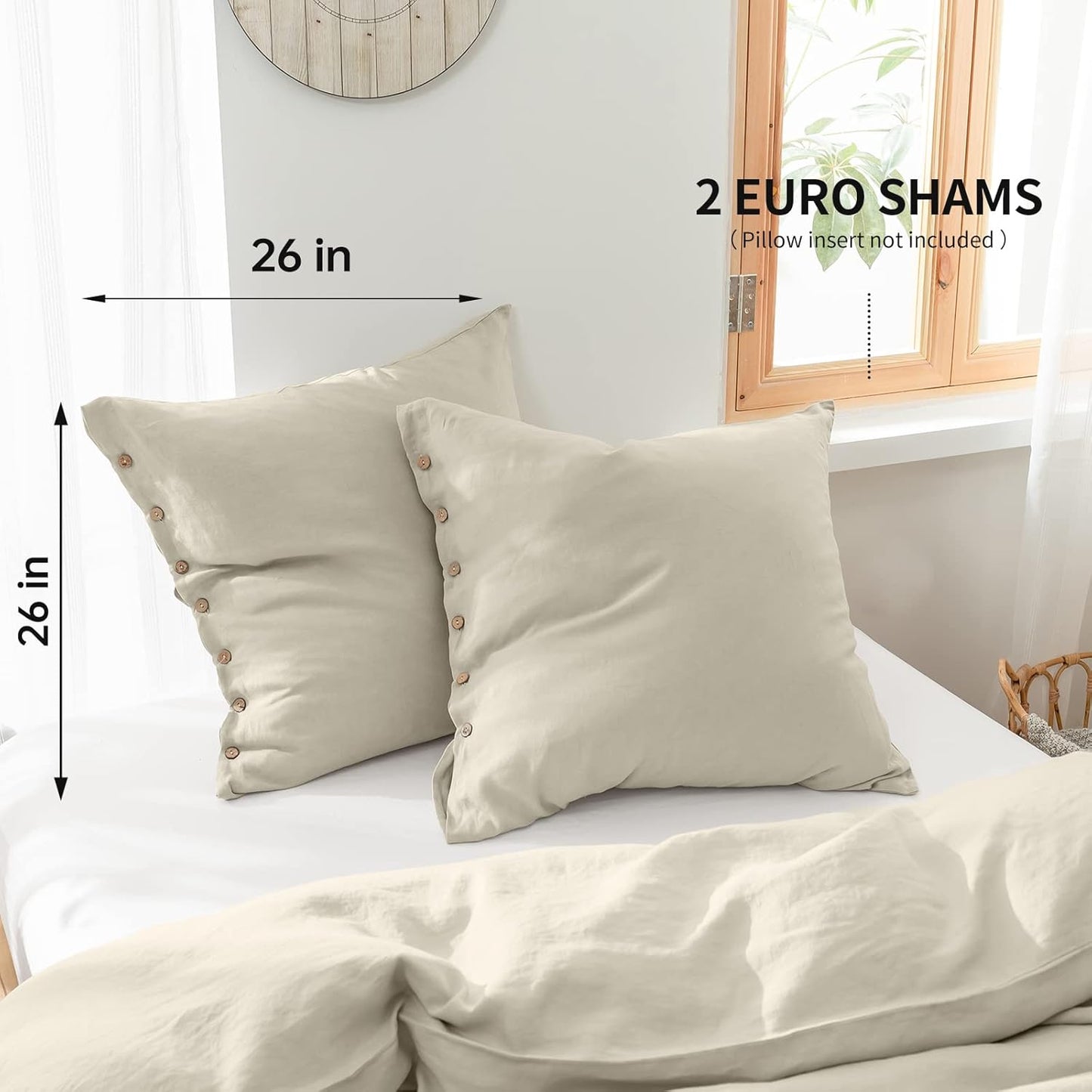 Washed Linen Euro Sham Covers with Coconut Button Closure