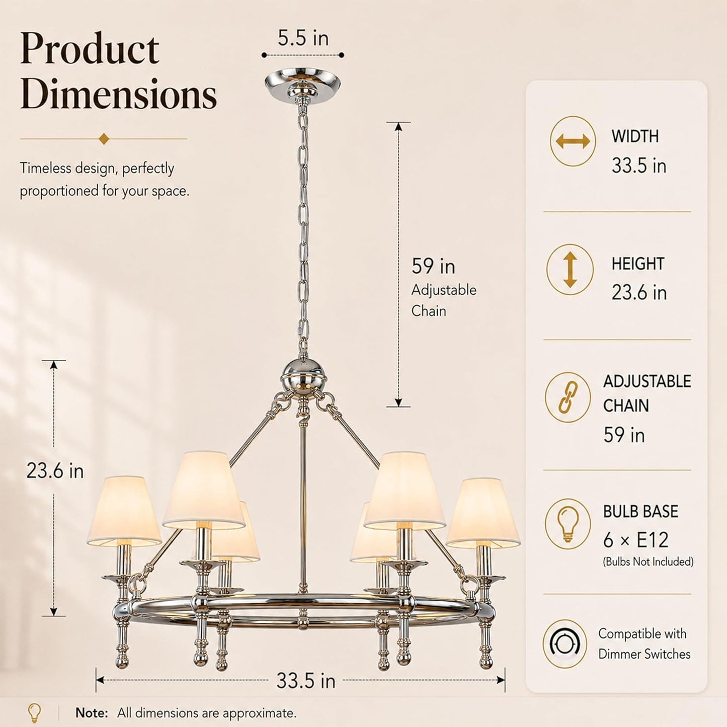 Elegant Polished Nickel 6-Light Chandelier with Fabric Shades