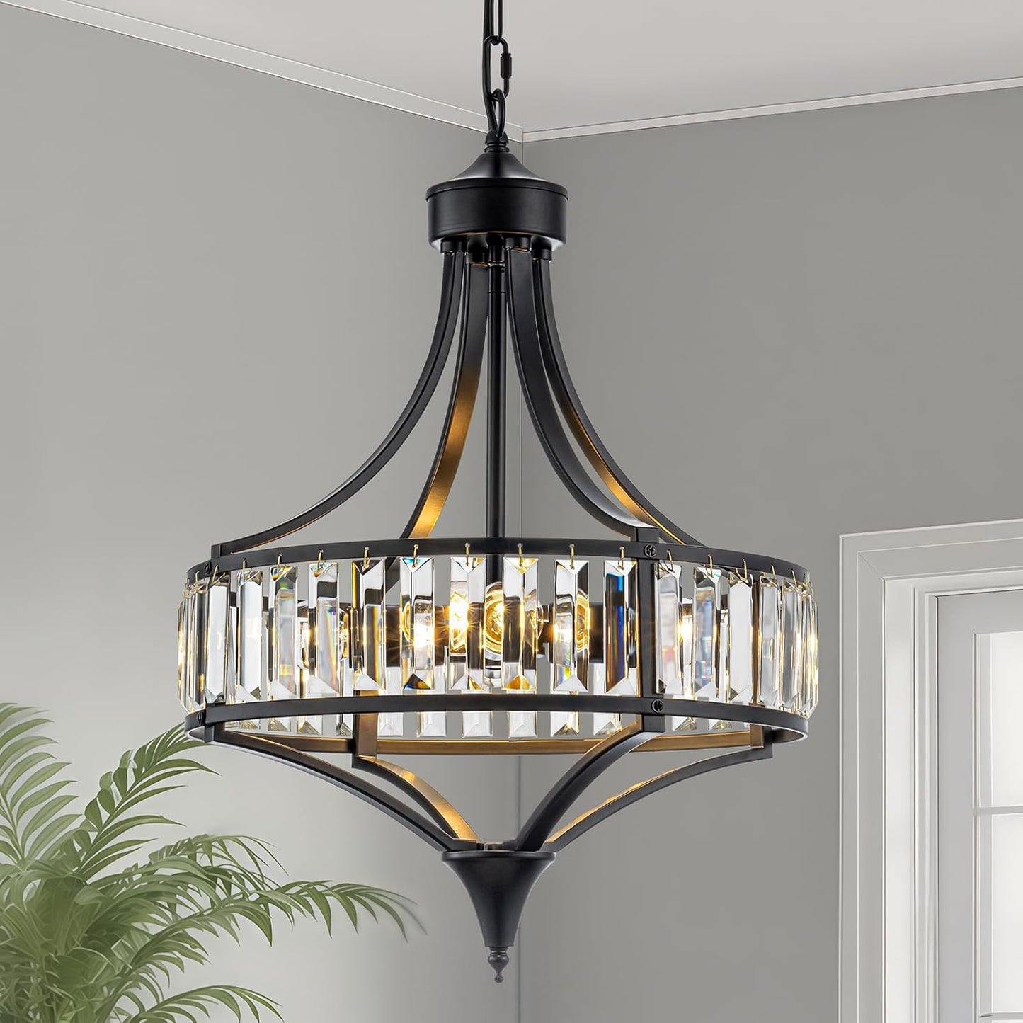 Modern Black Crystal Chandelier | Elegant 4 Light Farmhouse Statement Lighting