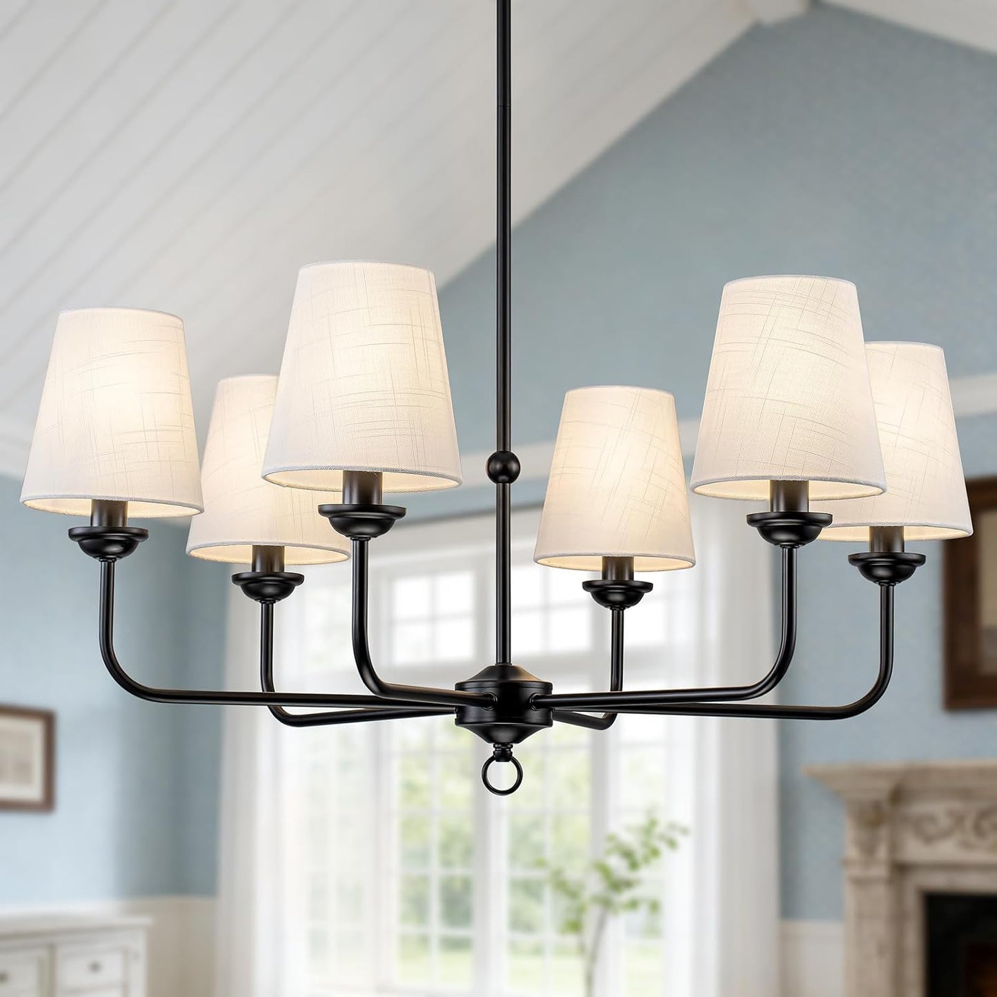 Black Farmhouse Chandelier with White Linen Shades | Modern Classic Dining Room Lighting