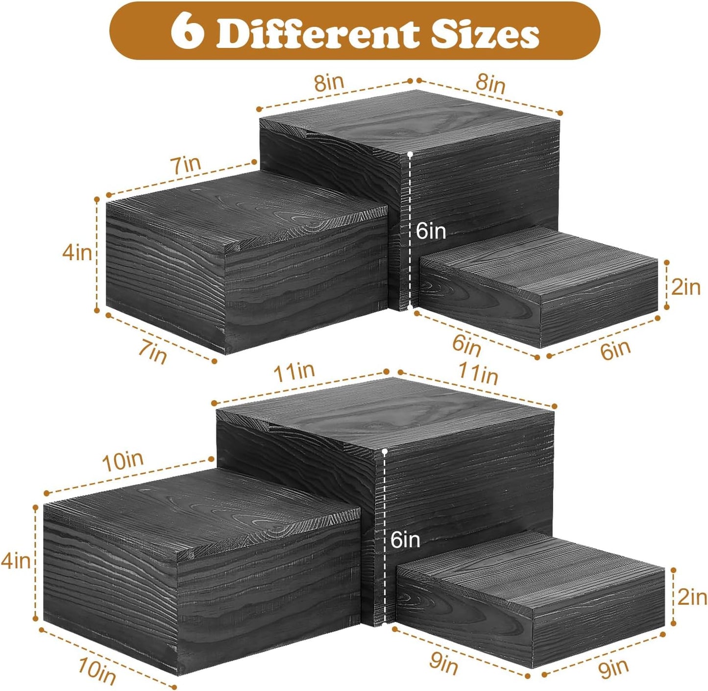 Rustic Wooden Display Risers Set of 6 - Farmhouse Buffet Stands for Entertaining, Home Decor & Party Displays