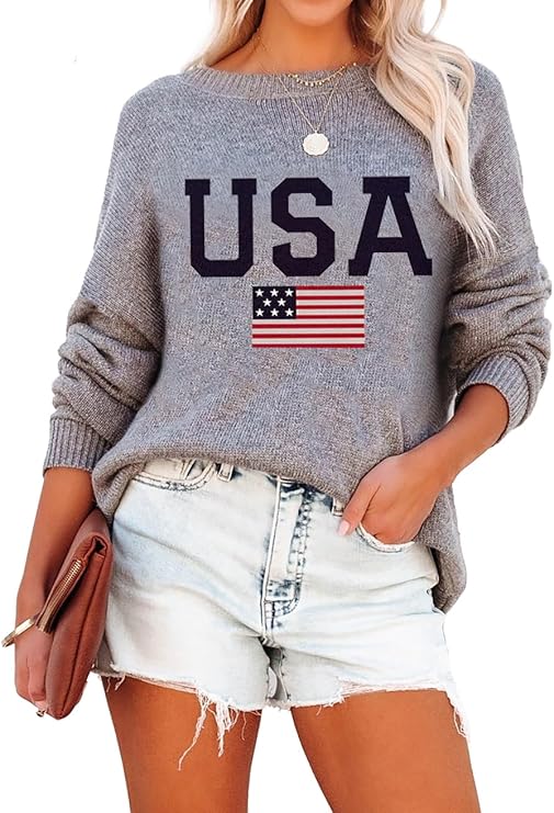 USA American Flag Lightweight Knit Sweater - Patriotic Women's Crewneck Pullover