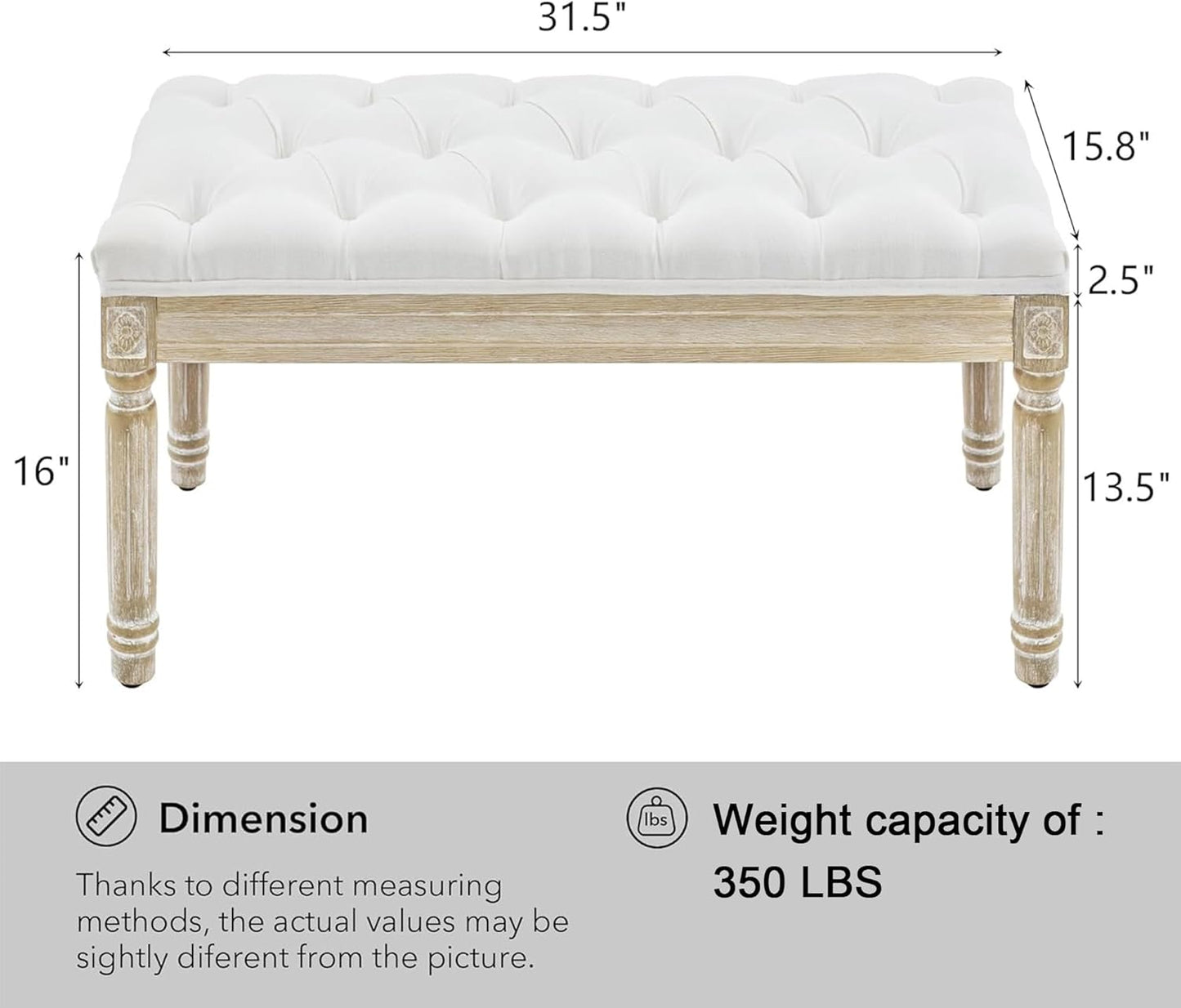 French Country Tufted Linen Bench with Brushed Wood Legs