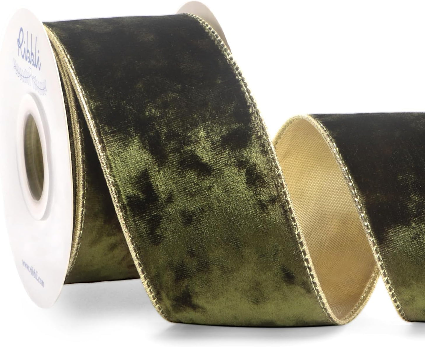 Olive Green Crushed Velvet Wired Ribbon - 2.5 x 10 Yards