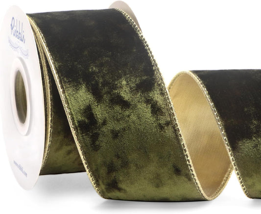 Olive Green Crushed Velvet Wired Ribbon - 2.5 x 10 Yards