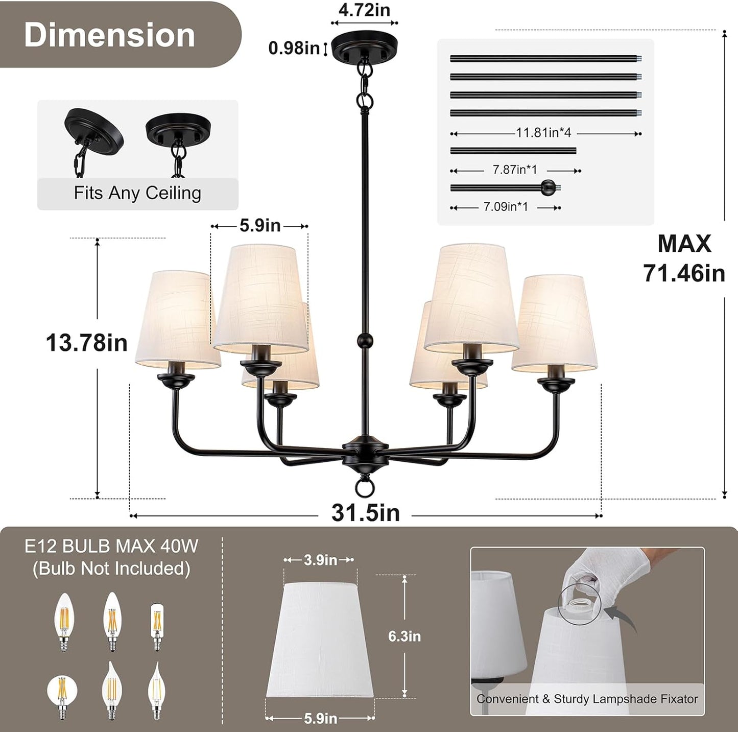 Black Farmhouse Chandelier with White Linen Shades | Modern Classic Dining Room Lighting