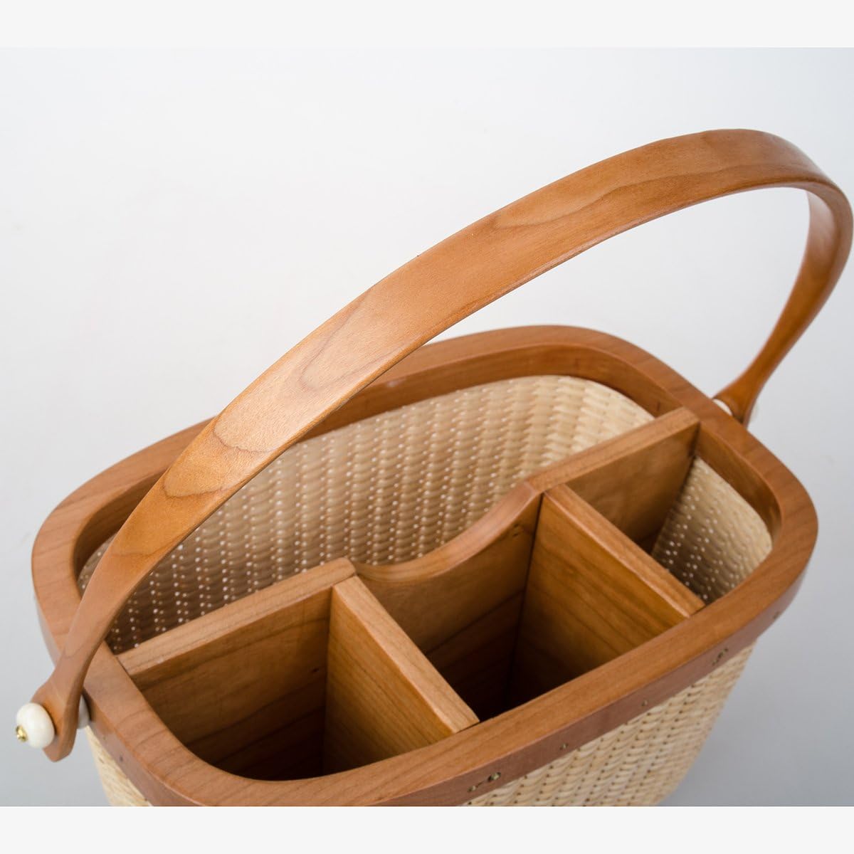 Handwoven Rattan Utensil Caddcy with handle | 4-Compartment Kitchen Organizer Basket for Flatware