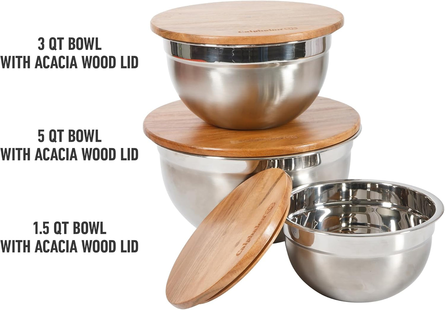 Calphalon Orbit Stainless Steel Mixing Bowl Set with Acacia Wood Lids