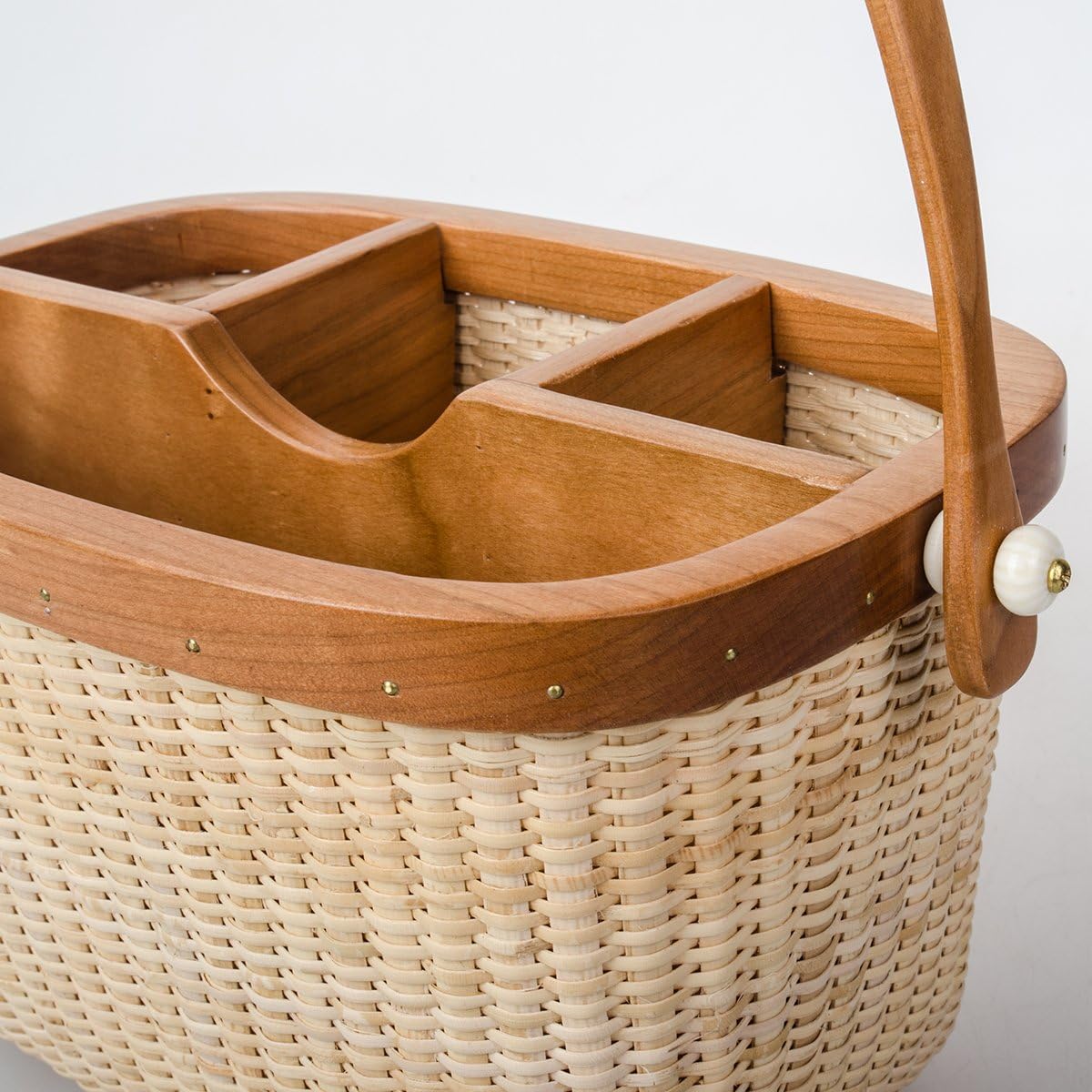 Handwoven Rattan Utensil Caddcy with handle | 4-Compartment Kitchen Organizer Basket for Flatware