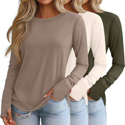 Women's Long Sleeve Tuni Top Set-3 Pack Crew Neck with Thumb Holes