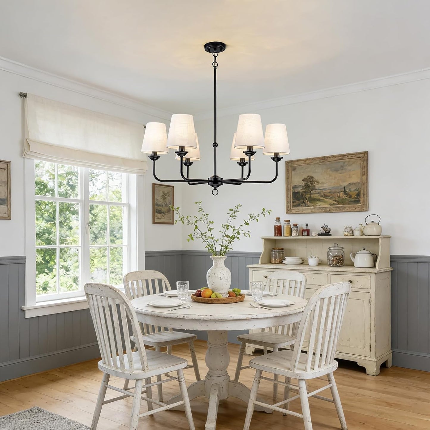 Black Farmhouse Chandelier with White Linen Shades | Modern Classic Dining Room Lighting