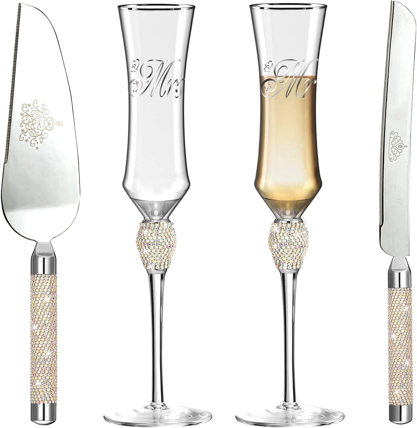 Elegant Wedding Cake Knife & Server Set with Mr. & Mrs. Champaigne Flutes - Colorful Rhinestones