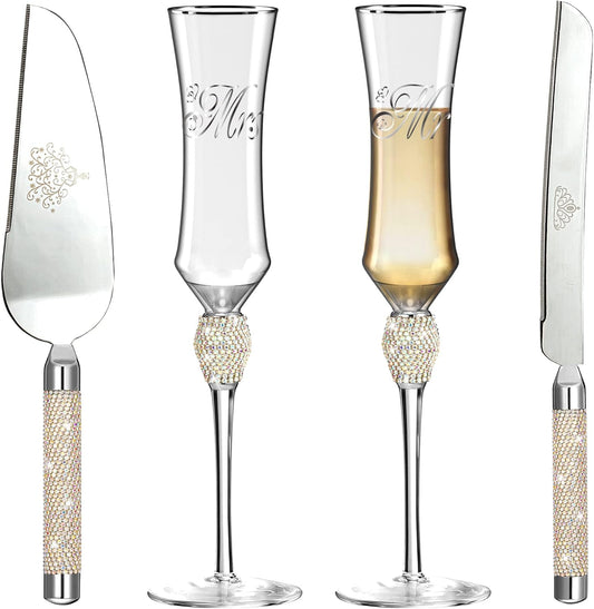 Elegant Wedding Cake Knife & Server Set with Mr. & Mrs. Champaigne Flutes - Colorful Rhinestones