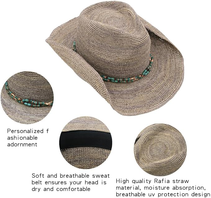Boho Coastal Raffia Cowboy Hat for Women