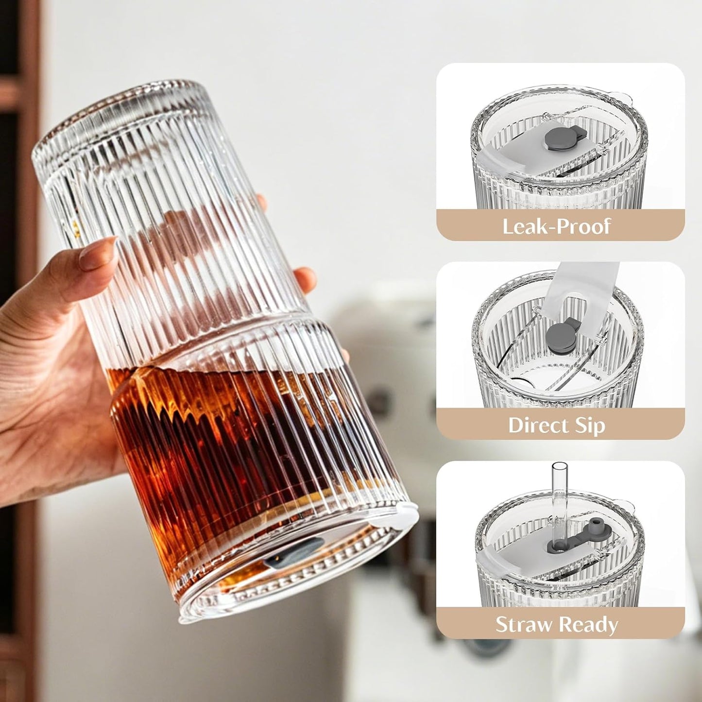 Vintage-Inspired Ribbed Glass Tumblers with Lids &Straws