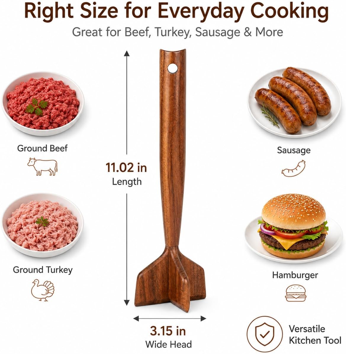 Teak Wood Meat Chopper \ Nonstick-Safe Ground Beef Masher Kitchen Tool