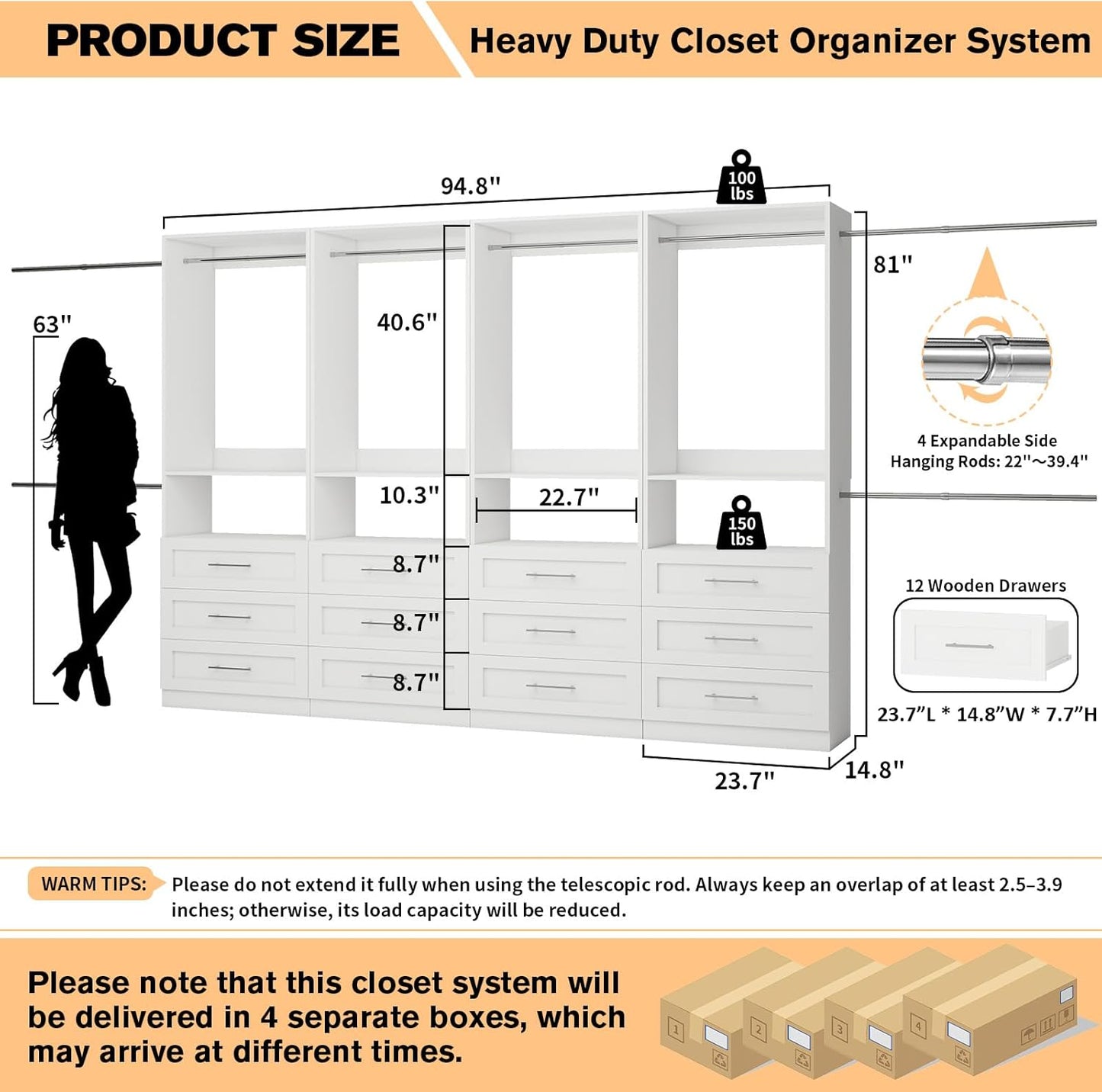 Luxury White Modular Closet Organizer System with Drawers & Hanging Storage