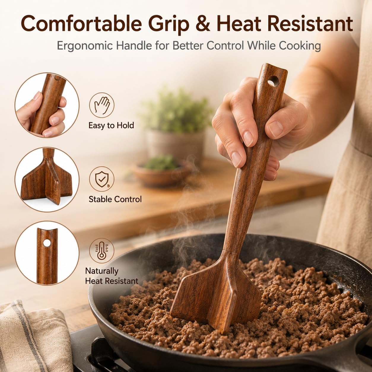 Teak Wood Meat Chopper \ Nonstick-Safe Ground Beef Masher Kitchen Tool