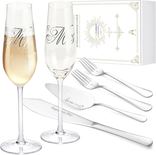 Elegant Wedding Cake Knife & Server Set with Mr. & Mrs. Champagne Flutes