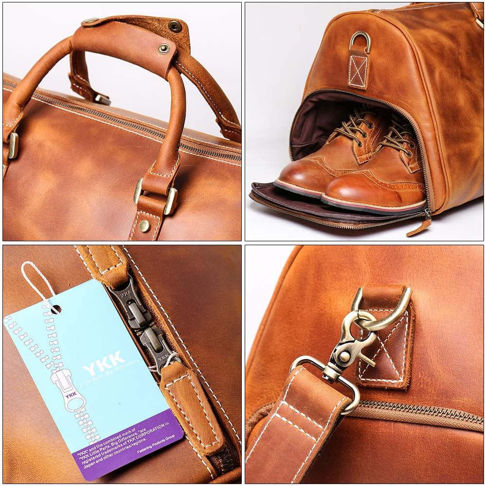 Vintage Full-Grain Lather Travel Duffel Bag-Men's Weekender Carry-On with Shoe Compartment