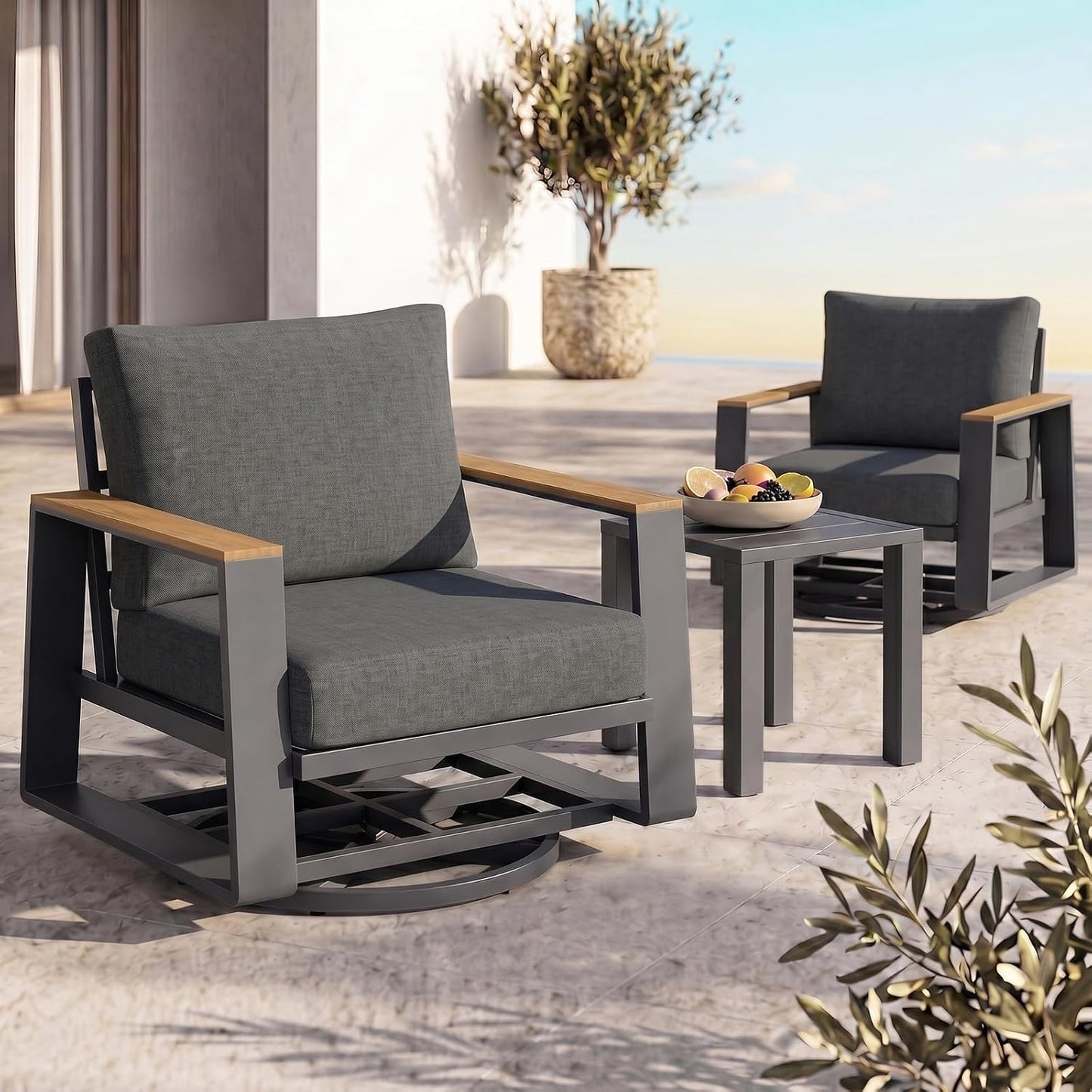 3-Piece Outdoor Swivel Patio Chair Set with Side Table