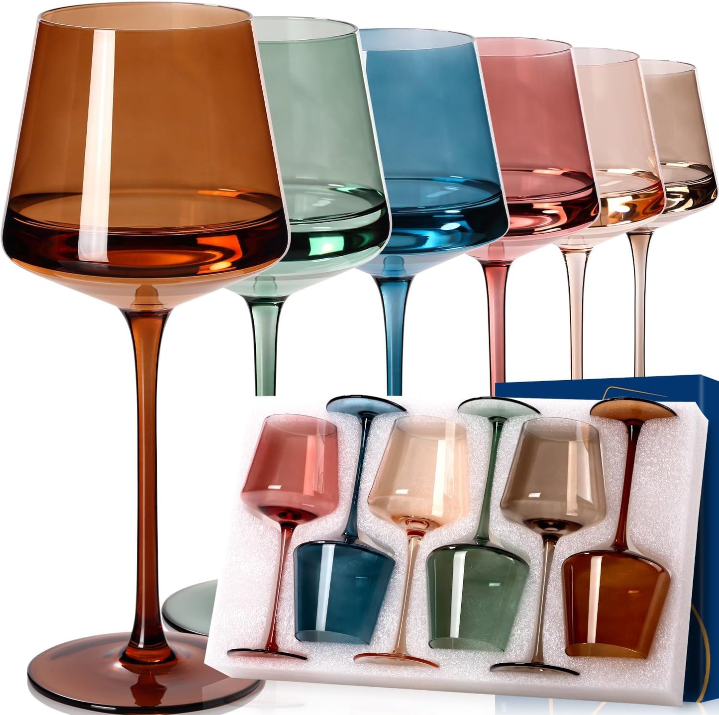Muted Earth Colored Wine Glass Set of 6 Hand Blown Colored Crystal Glassware