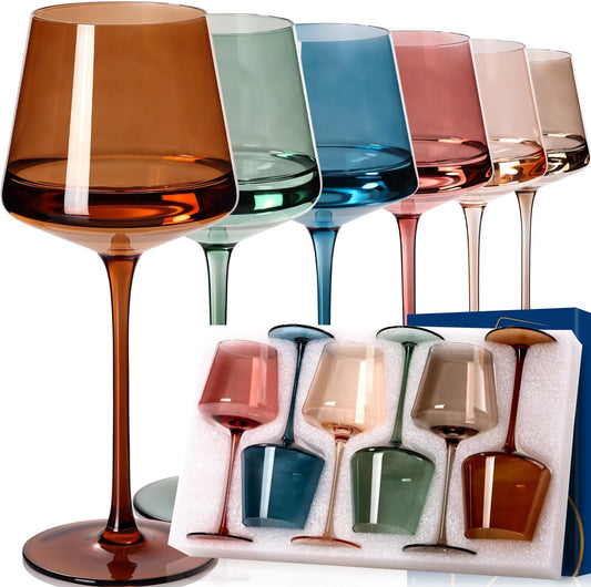 Muted Earth Colored Wine Glass Set of 6 Hand Blown Colored Crystal Glassware