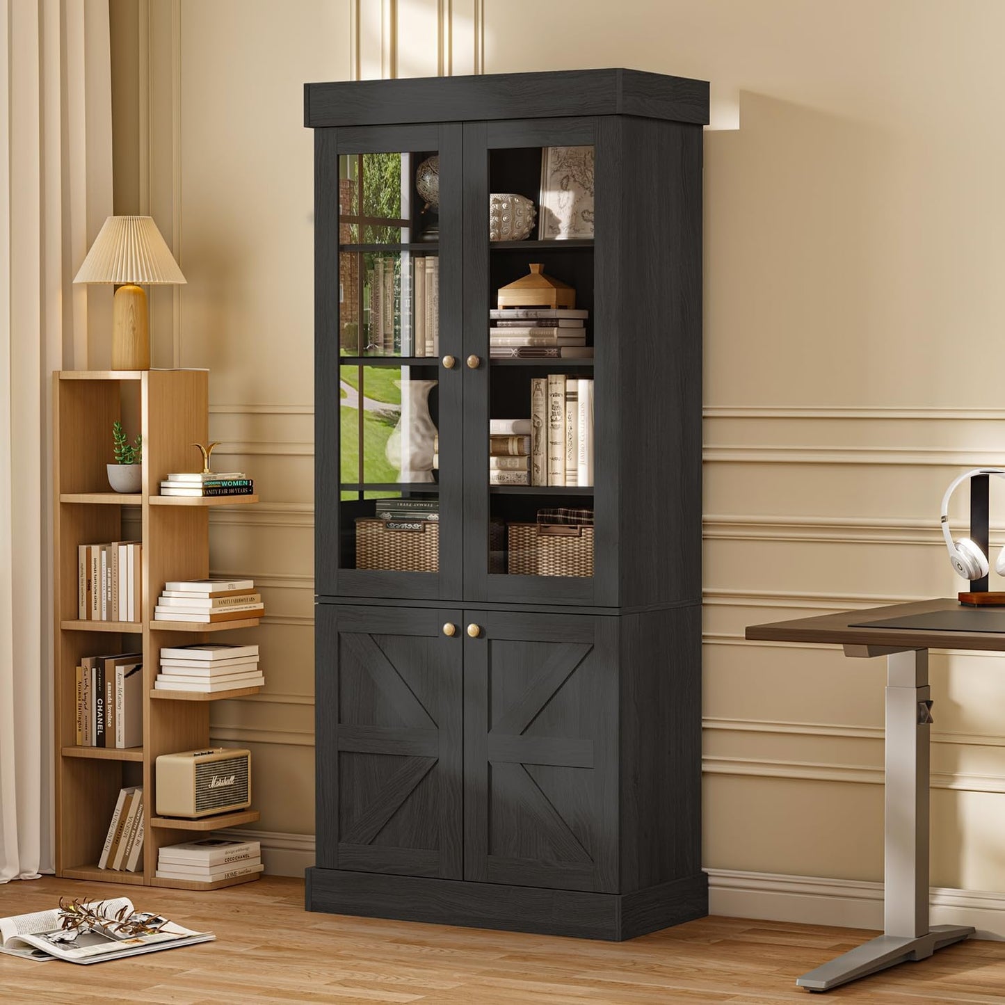 Black Farmhouse Bookcase with Glass Doors | Elegant and Display Cabinet