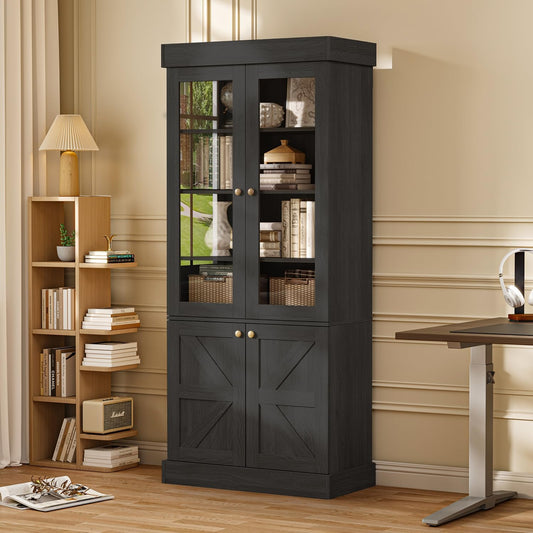 Black Farmhouse Bookcase with Glass Doors | Elegant and Display Cabinet