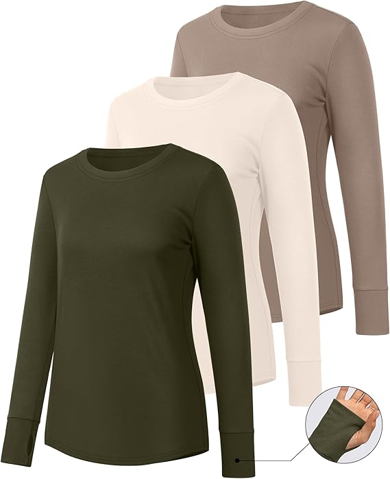 Women's Long Sleeve Tuni Top Set-3 Pack Crew Neck with Thumb Holes