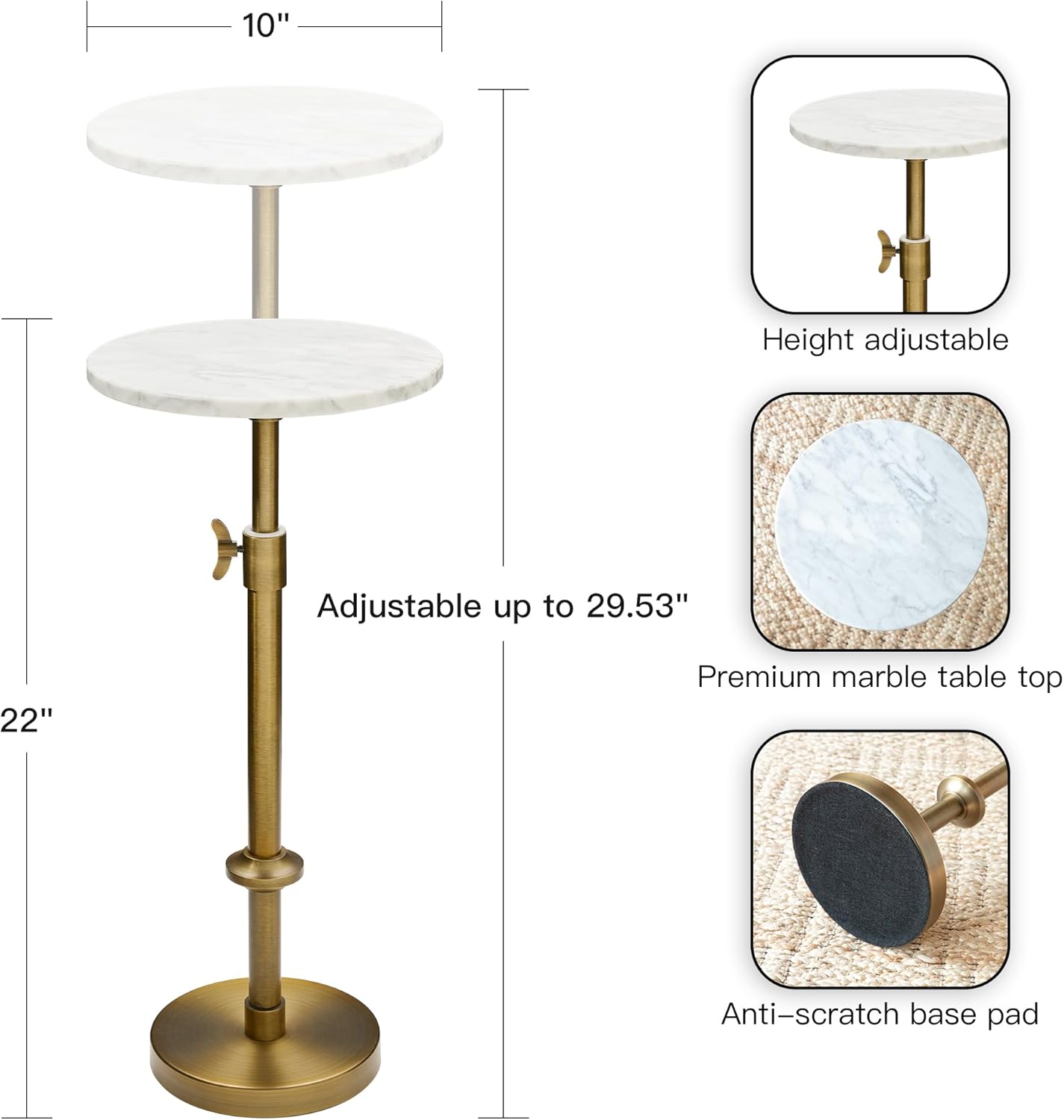 Adjustable Marble Accent Table with Antique Brass Pedestal Base