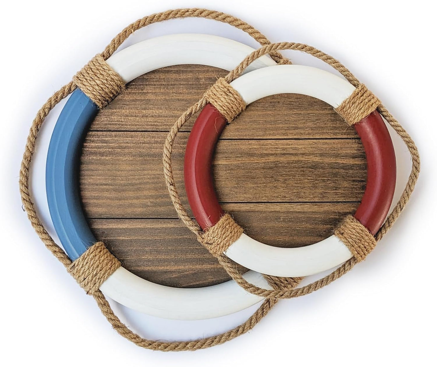 Set of 2 Nautical Life Ring Decorative Trays | Coastal Lake House Wood Serving Trays